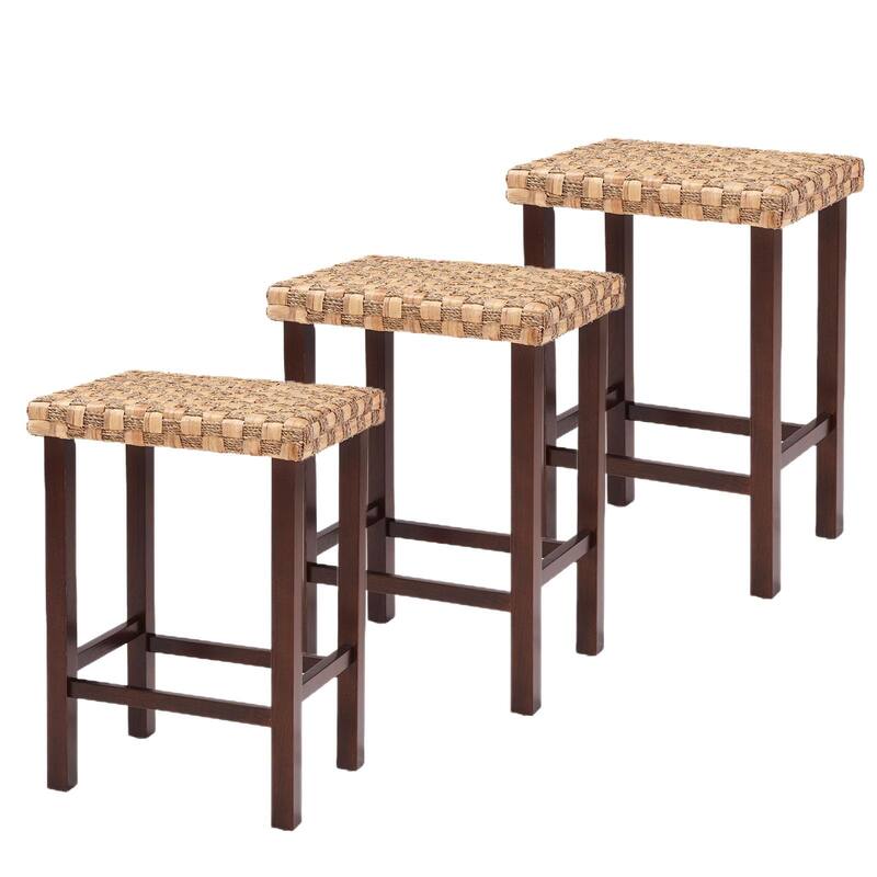 Set of 3 Handwoven Seagrass Bar Stools - 26.3" Height Adjustable, Solid Rubberwood Legs