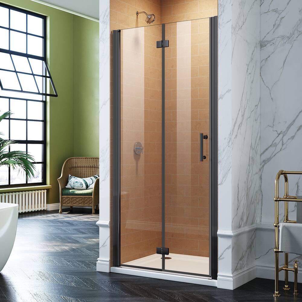 Elegant Bi-Fold Frameless Pivot Swing Shower Door Enclosure with Clear Glass Panel and Hardware Kit