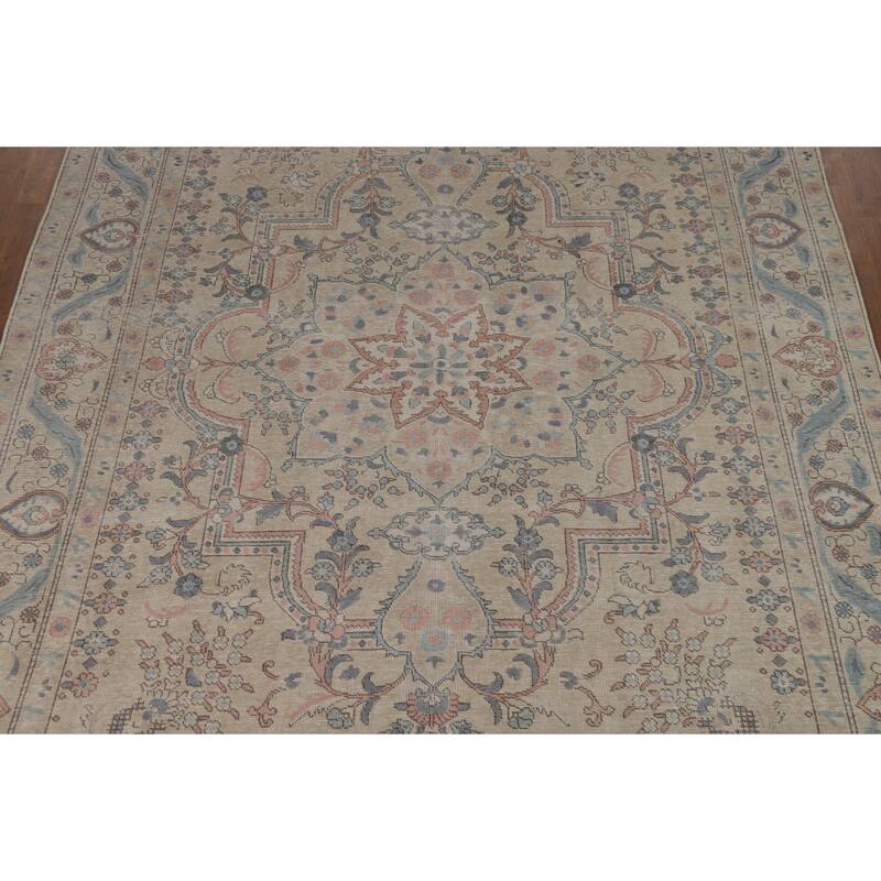 Tabriz Persian Area Rug Handmade Traditional Beige Floral Wool Carpet - 8'0"x 10'11"