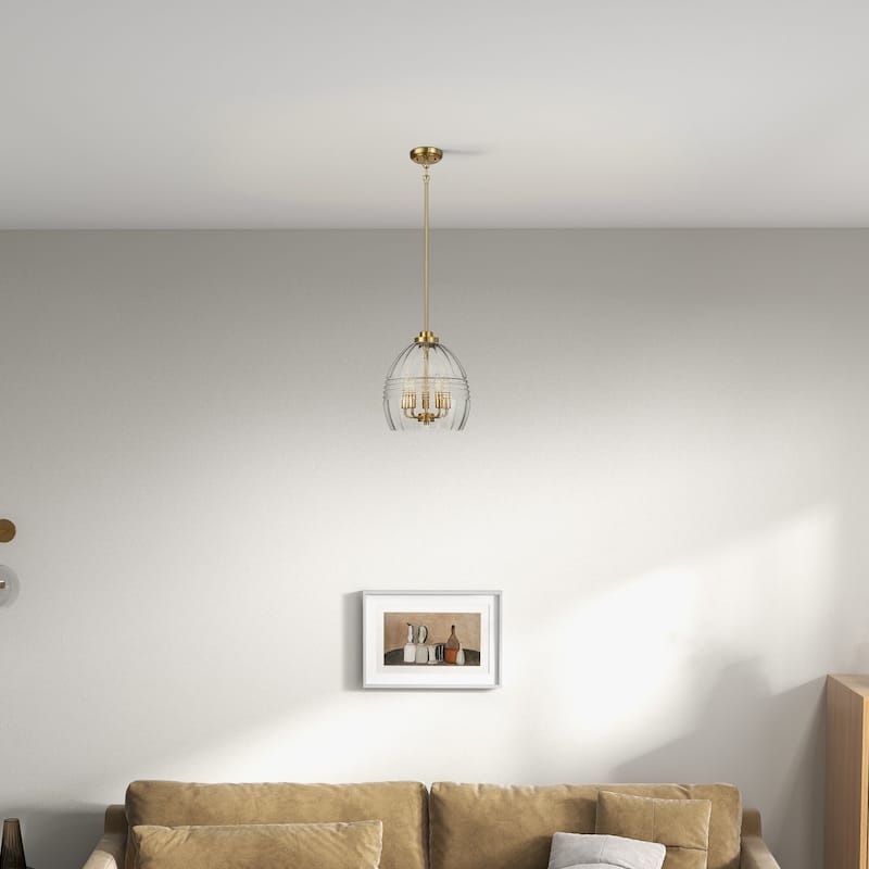 Five Pendant Chain Hanging Light with Clear Glass - Satin Brass