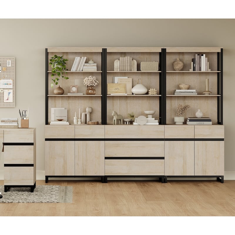 WAMPAT 3 PCS Modern 72" Tall Bookcase with 3 Drawers and Adjustable Shelves, Library Book Shelf with Storage Cabinet