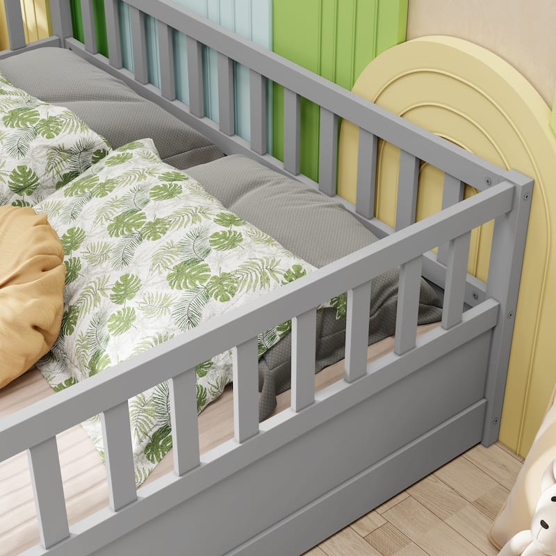 Grey Full Size Pine Wood Floor Bed, Integral Construction with Super High Security Barrier, Door, Children's Floor Bed Frame