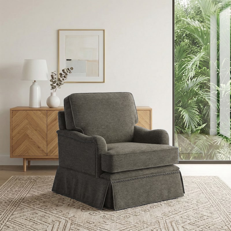 Chenille Swivel Accent Chair with Nailhead Trim Skirt - Tan