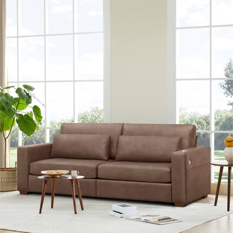 Spruce & Spring Ezra 89" Modern High Back Living Room Sofa with USB & Cup Holders - Brown