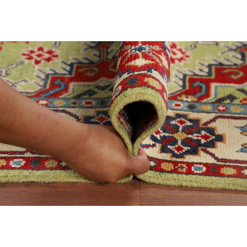Pistachio Green Geometric Kazak Accent Rug Handmade Wool Carpet - 3'3" x 4'11"