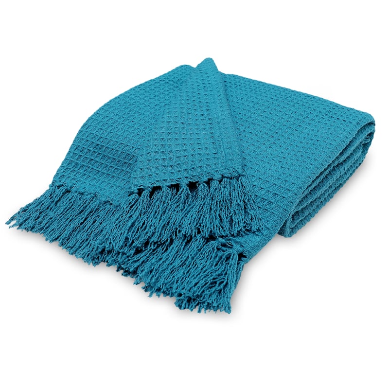 Luxurious Soft Cozy All Season Light Weight Cotton Waffle Weave Throw Blanket with Fringes - 70x50 Inches