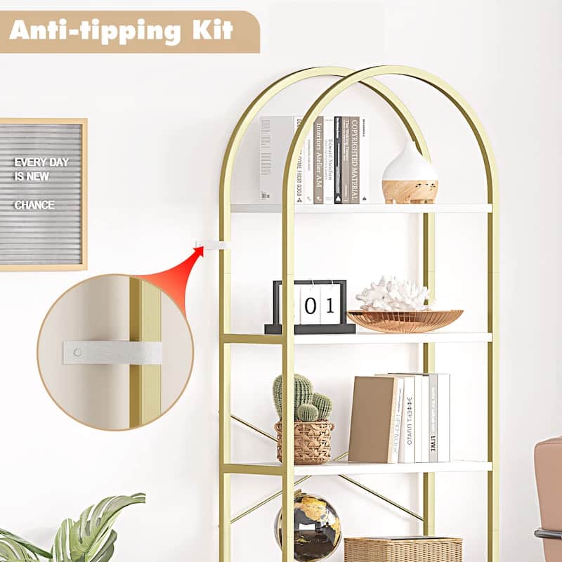 5 Tier Bookcase Arched Display Racks Tall Standing Storage Rack - 23.62"W x 70.87"H x11.02"D