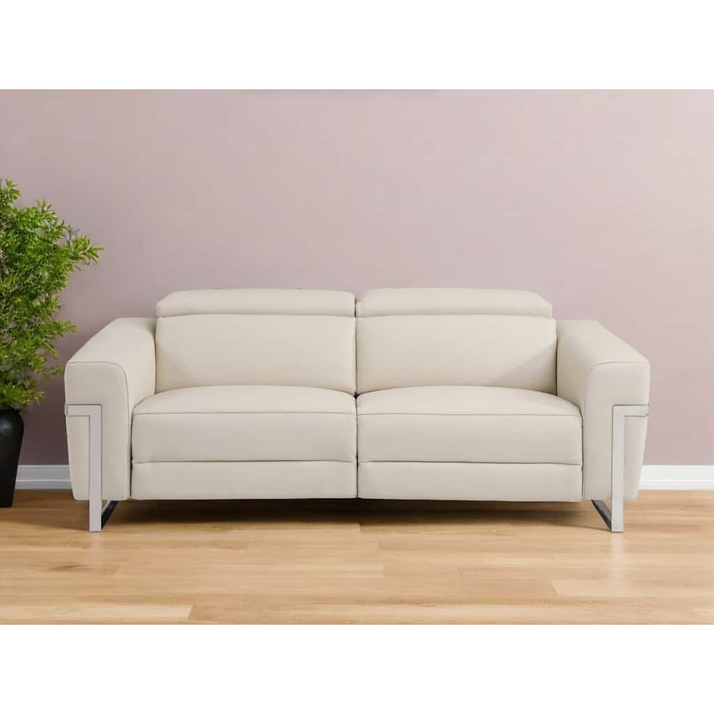 HomeRoots 83" Beige Italian Leather USB Reclining Sofa With Silver Legs
