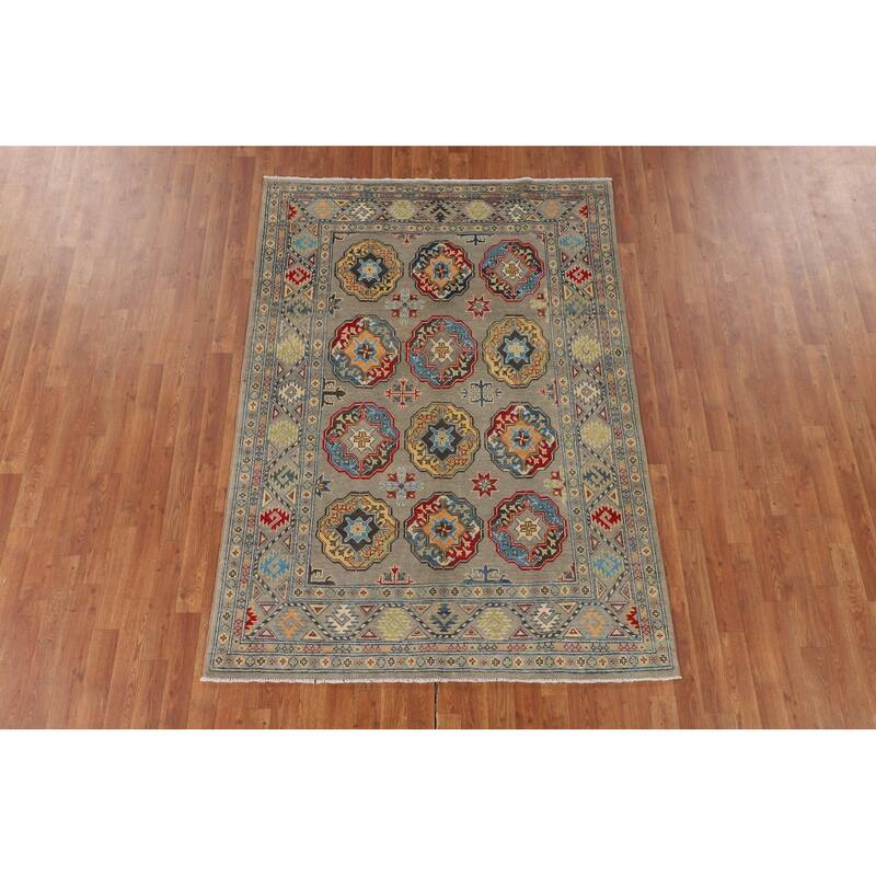 Geometric Grey Kazak Oriental Area Rug Handmade Wool Carpet - 4'10" x 6'11"