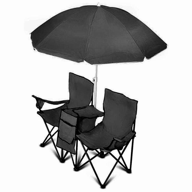 GoTeam Portable Double Folding Chair w/Removable Umbrella, Cooler Bag and Carry Case