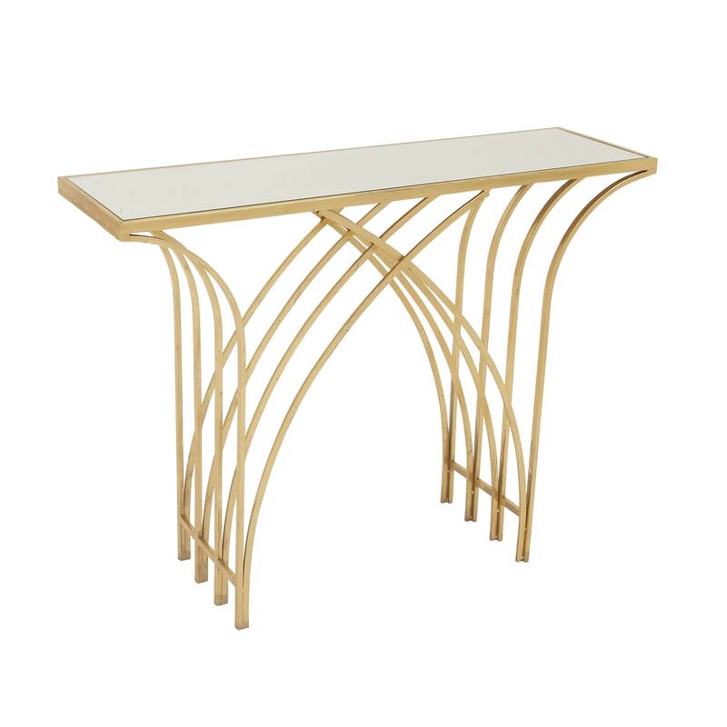 Gold Metal Geometric Console Table with Mirrored Glass Top