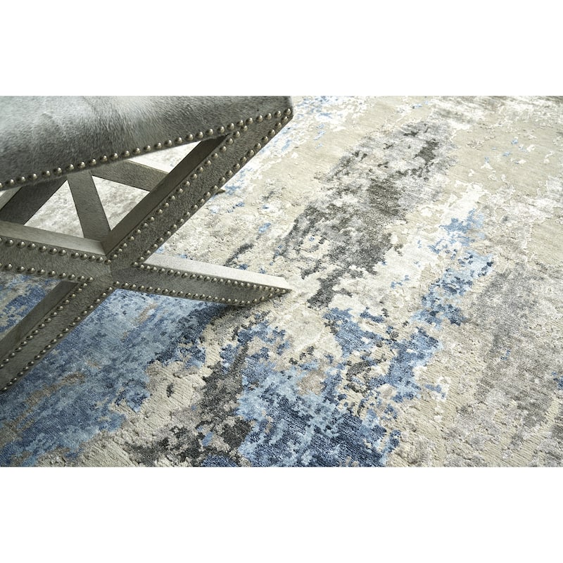 EXQUISITE RUGS Cosmo Hand-knotted Wool/Bamboo Silk Silver/Blue/Ivory Area Rug.