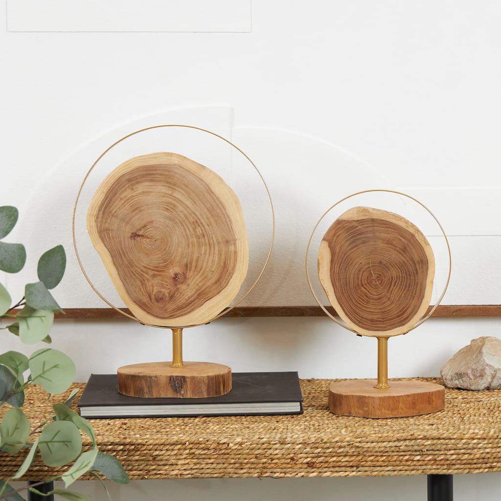 Brown Wood Handmade Live Edge Slab Abstract Decorative Sculpture with Gold Metal Rings (Set of 2)