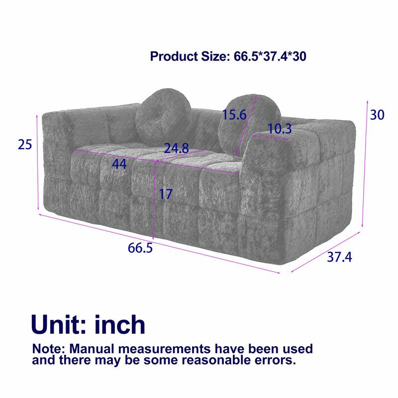 Anmytek 66.5 Inch Modern Boneless Two-Seater Checkered Foam Sofa with 2 Circular Throw Pillows