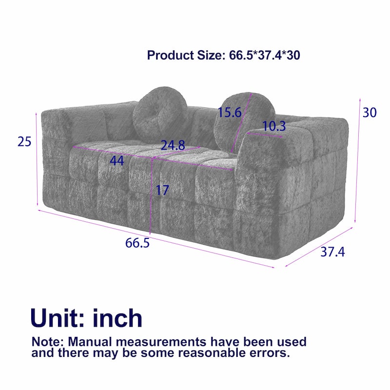 Modular Boneless Cloud Couch, Checkered Fabric Upholstered 2 Seater Foam Sofa, Lounge Sofa with 2 Circular Throw Pillows