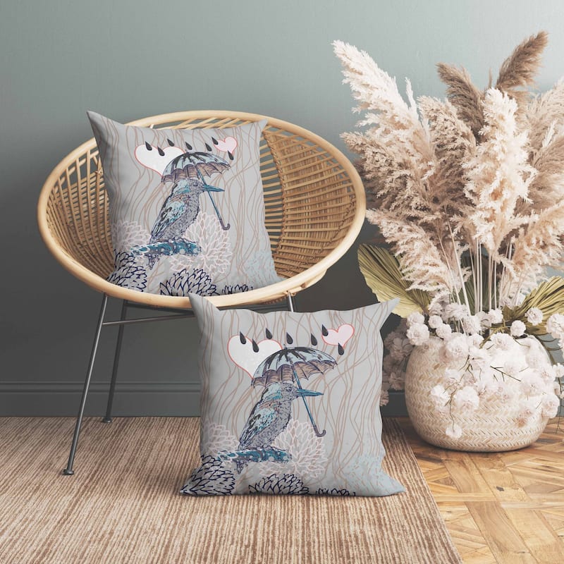 Bird with Umbrella Indoor/Outdoor Reversible Throw Pillow Silver and Brown