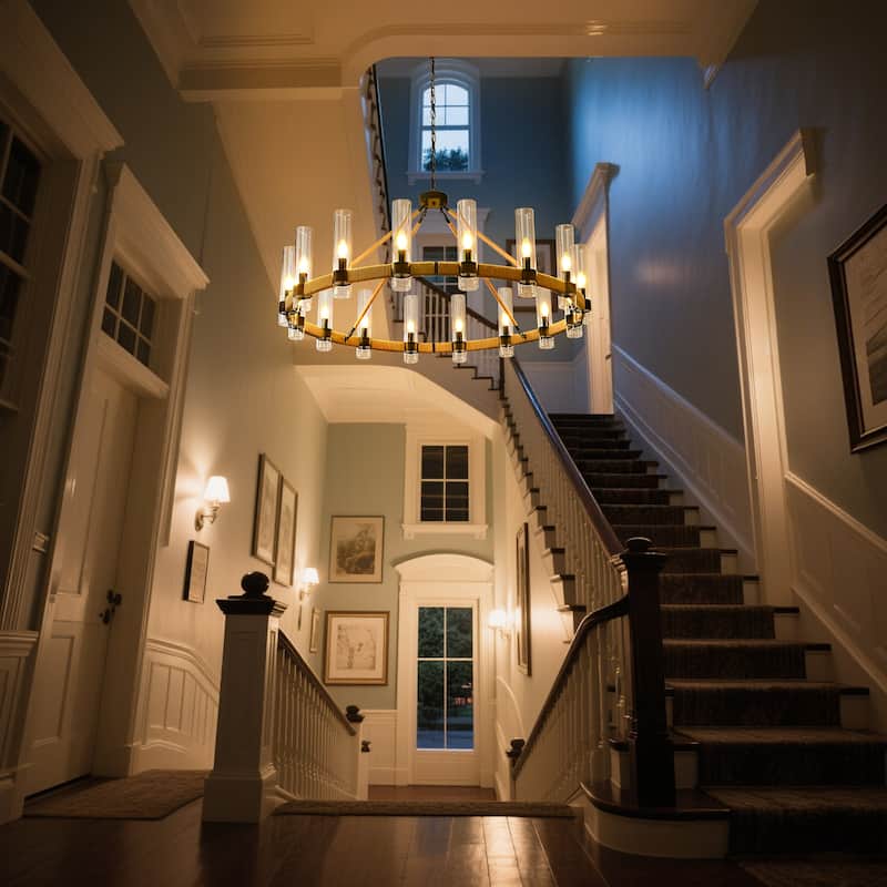 Modern Rustic Wagon Wheel Chandelier with Clear Glass Shades & Hemp Rope Accents