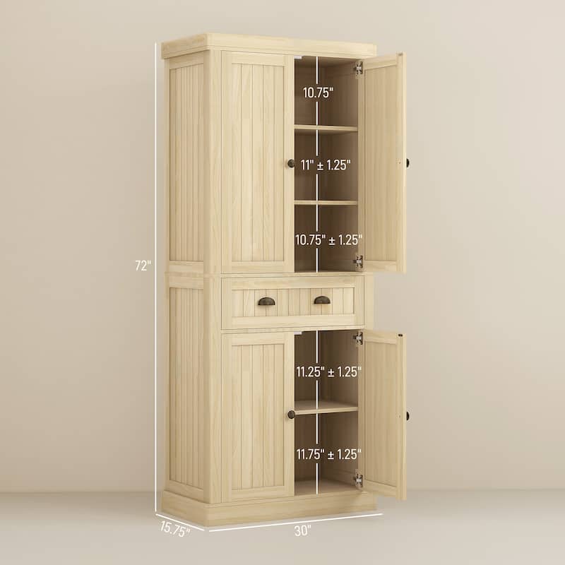 72" Farmhouse Kitchen Pantry Cabinet, Freestanding Tall Storage Cabinet with 4 Soft-Close Doors,2 Adjustable Shelves and Drawer