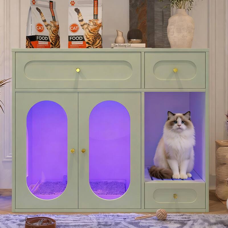 Cat Litter Box Enclosure with LED Light, Hidden Litter Box Furniture with Storage Drawers, Indoor Pet House with Acrylic Doors
