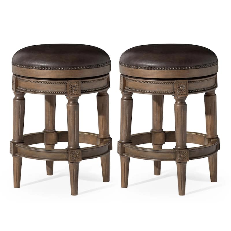 Maven Lane Pullman Backless Swivel Kitchen Stool - Set of 2 - Walnut Vegan Leather - Counter Height