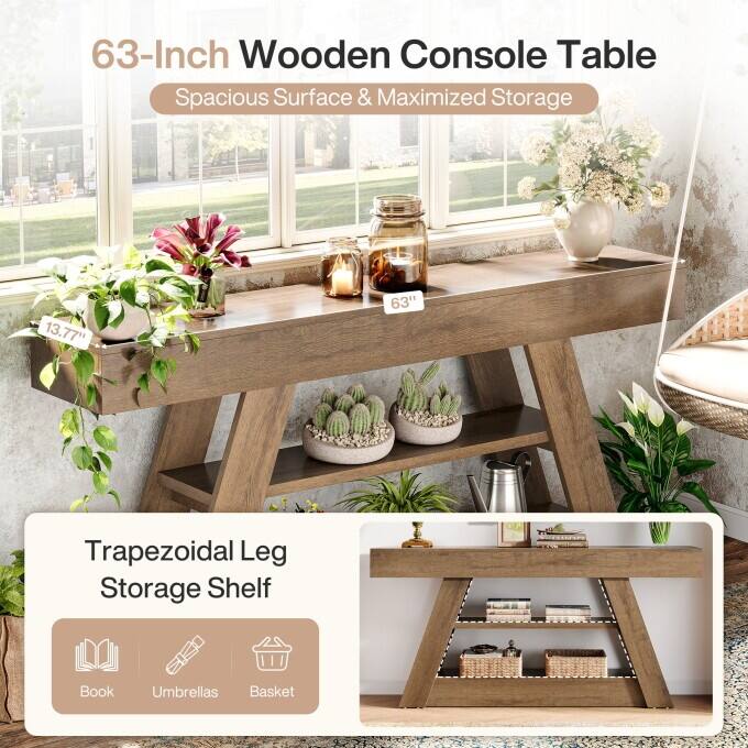 63-Inch Console Table, Wooden Entryway Table with Storage Shelves