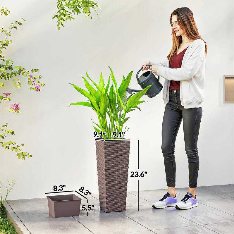 Outsunny 23.6 Inch Tall Planters for Outdoor Plants, Set of 2 Plastic Rattan-Like Flower Pots Front Porch