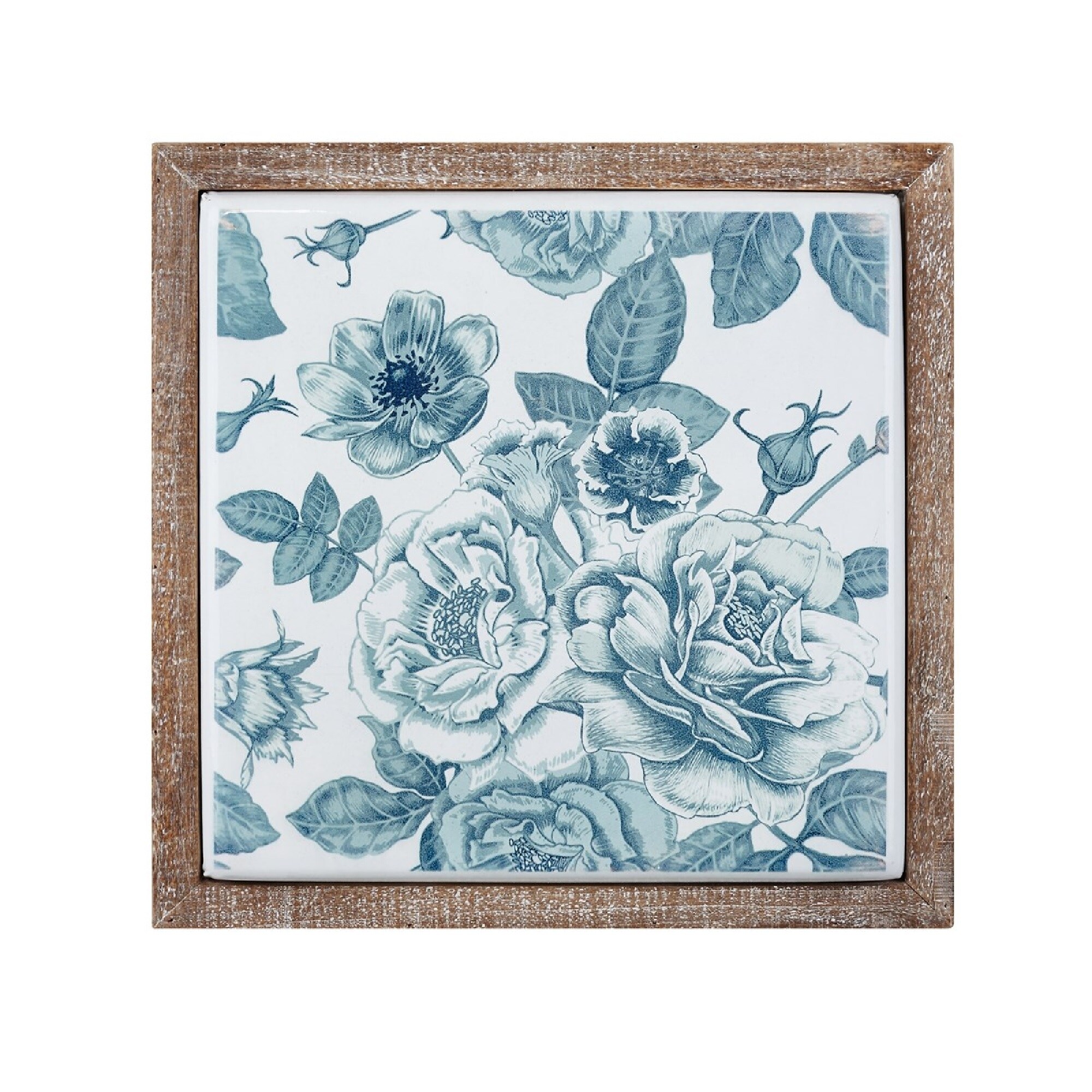 Shop Set Of 2 Distressed Finish Blue And White Floral Framed Tile