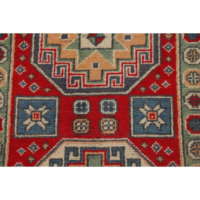 Geometric Kazak Runner Rug Hand-Knotted Oriental Red Wool Carpet - 2'9" x 9'11"