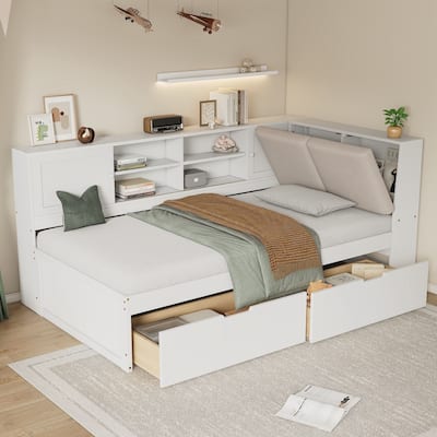 Wooden Twin Size L-shaped Daybed Corner Bed Under-bed Drawers with Storage Bookcase and Upholstered Headboard