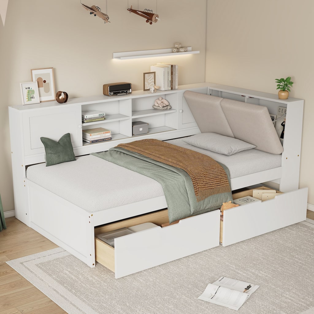 Wooden Twin Size L-shaped Daybed Corner Bed Under-bed Drawers with Storage Bookcase and Upholstered Headboard