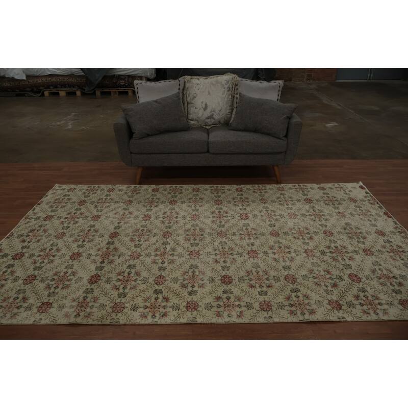 Hand Knotted Oriental 100% Wool Carpet Transitional All-Over Beige & Ivories Anatolian Area Rug - 9' 7'' X 5' 7''