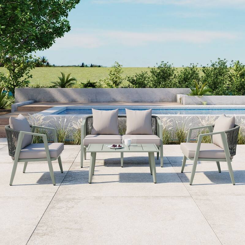 4-Piece Outdoor Patio Set, Iron Conversation Set with Table and Cushions for Garden, Poolside