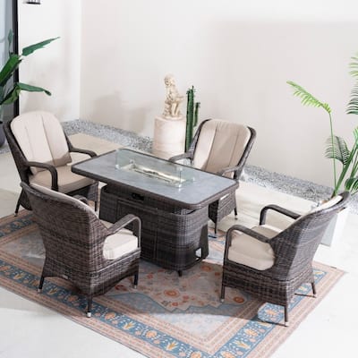 Modern 5-piece Aluminum Outdoor Hand-woven PE Rattan Dining Set with Adjustable Fire Pit Table