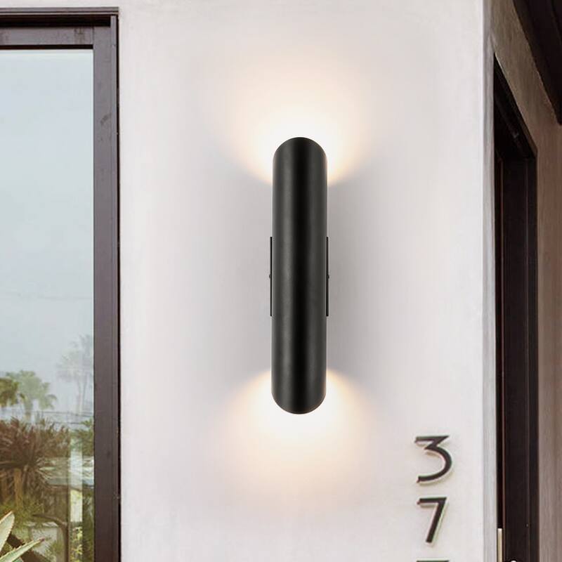 4.3" W 2-Light Modern Black Linear Cylinder Metal Integrated LED Outdoor Porch Lights - 4.33 in. W x 19.69 in. H x 5.12 in. D