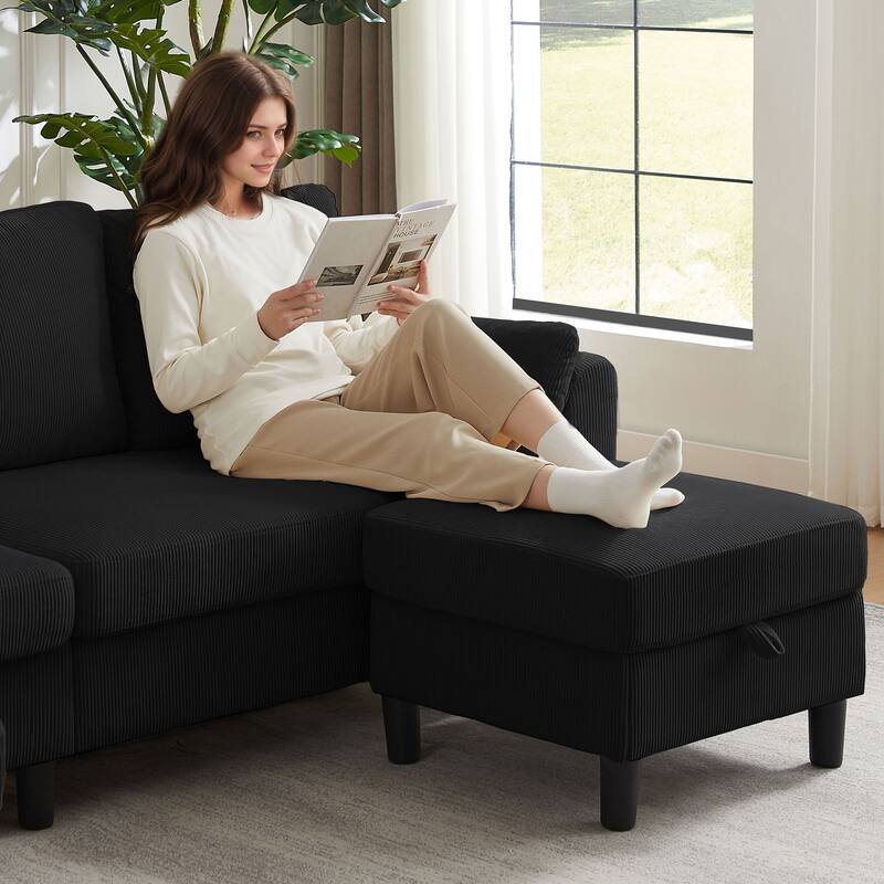 101" Corduroy U Shaped Sectional Sofa with Storage Ottoman