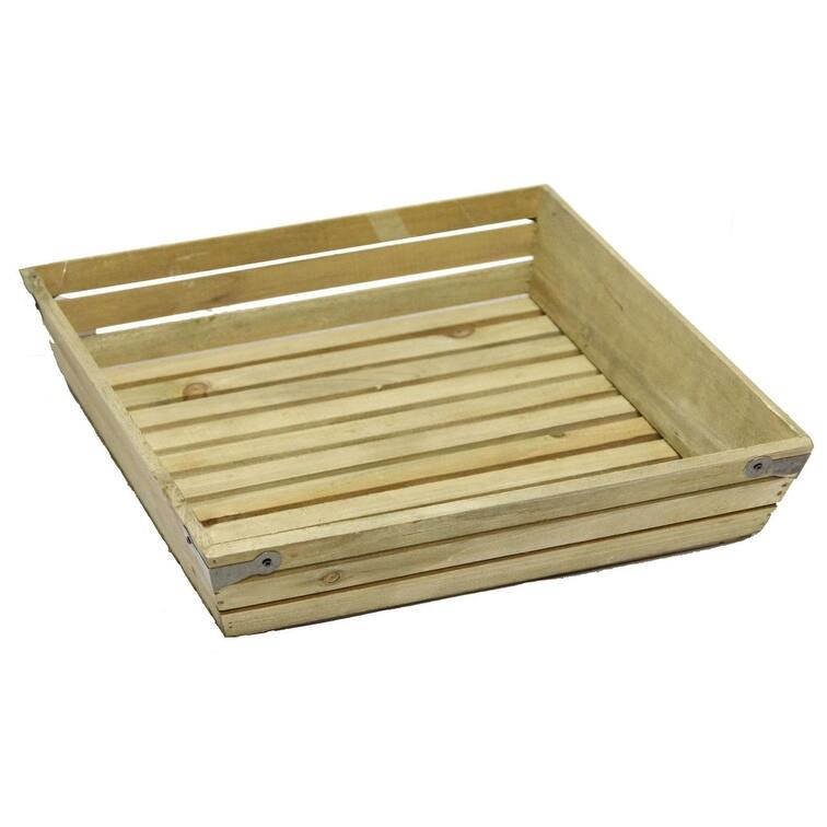 Natural wood large shallow square crate with metal corner design