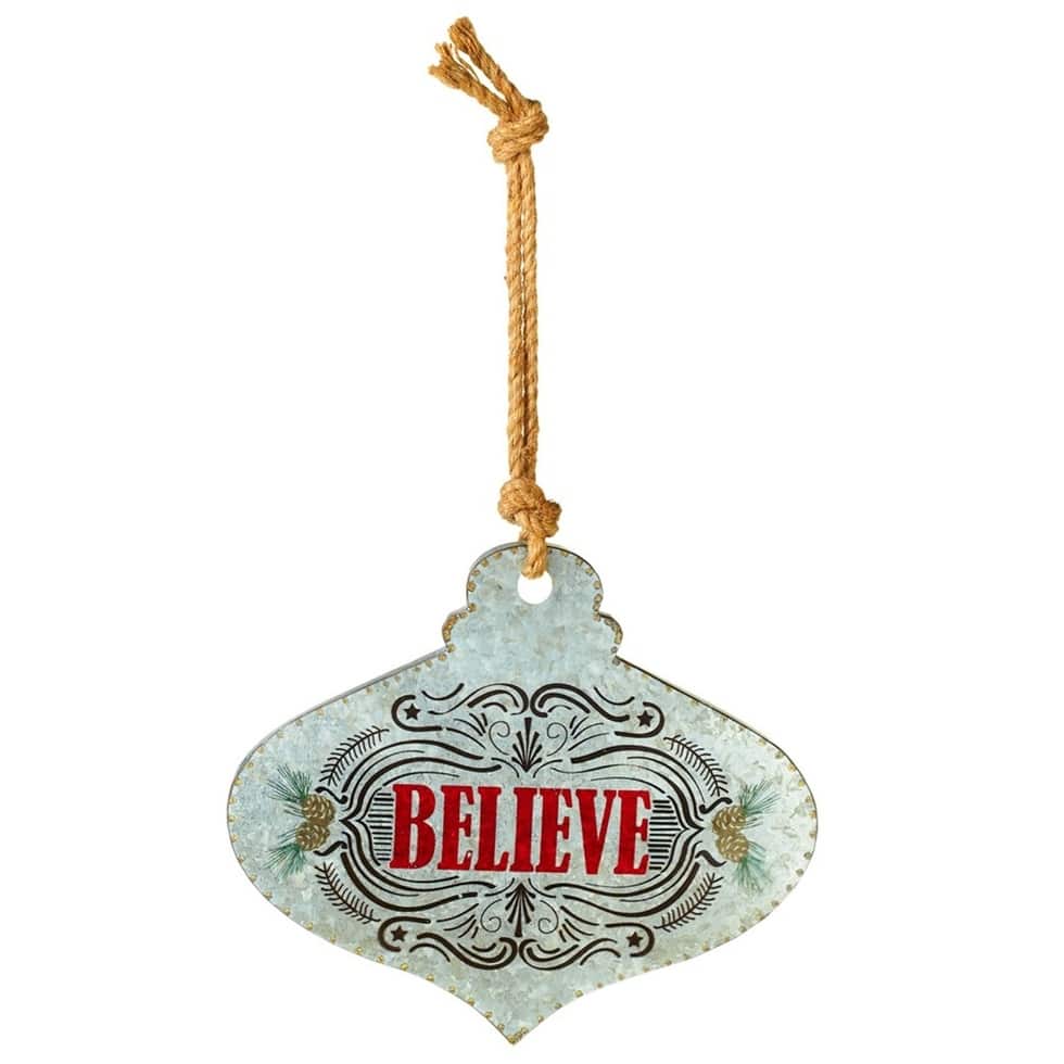 Believe Shaped Vintage Style Ornament Wall Plaque Metal 14 Inches - Grey
