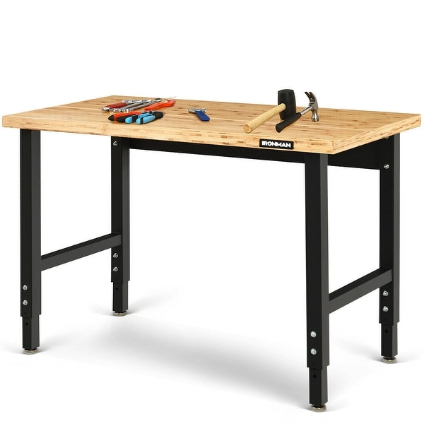 Gymax Adjustable Height Workbench Bamboo Top Steel Frame Heavy-duty Garage - as pic