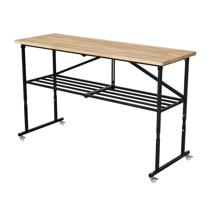 SmartFold Heavy-Duty Folding Butcher-Block Workbench- Portable Wood-Top Utility Table w/ Locking Casters