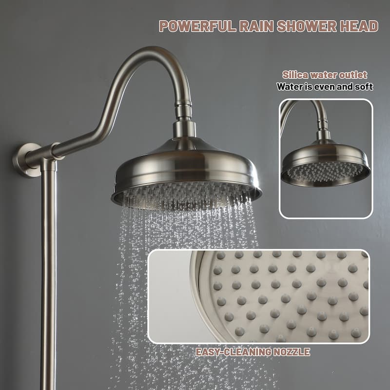 CASAINC Exposed Pipe Shower System with 8-In Rainfall Shower Head and Handheld Shower