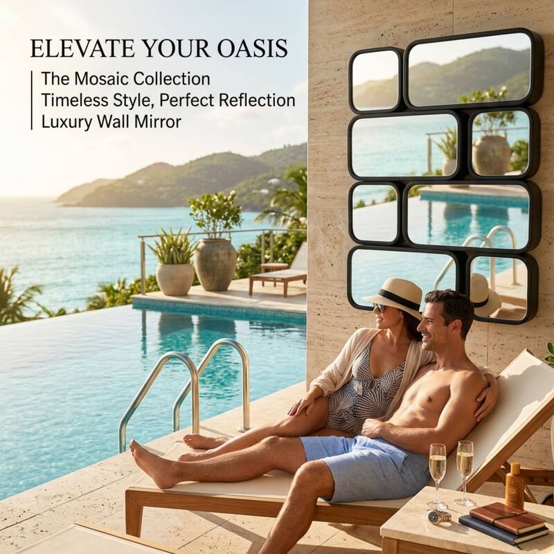 Mosaic Wall Mirror 32"x43" Black Multi Panel Modern Funky Flow Design