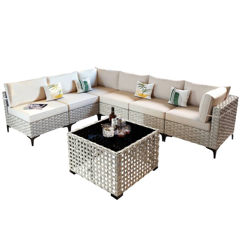 OVIOS 7 Pieces Outdoor Wicker Furniture Set With Solar-Powered Coffee Table