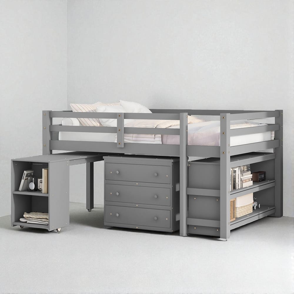 Twin/Full Size Low Loft Bed with Cabinet, Rolling Desk and Bookshelf, Solid Wood Frame for Kids