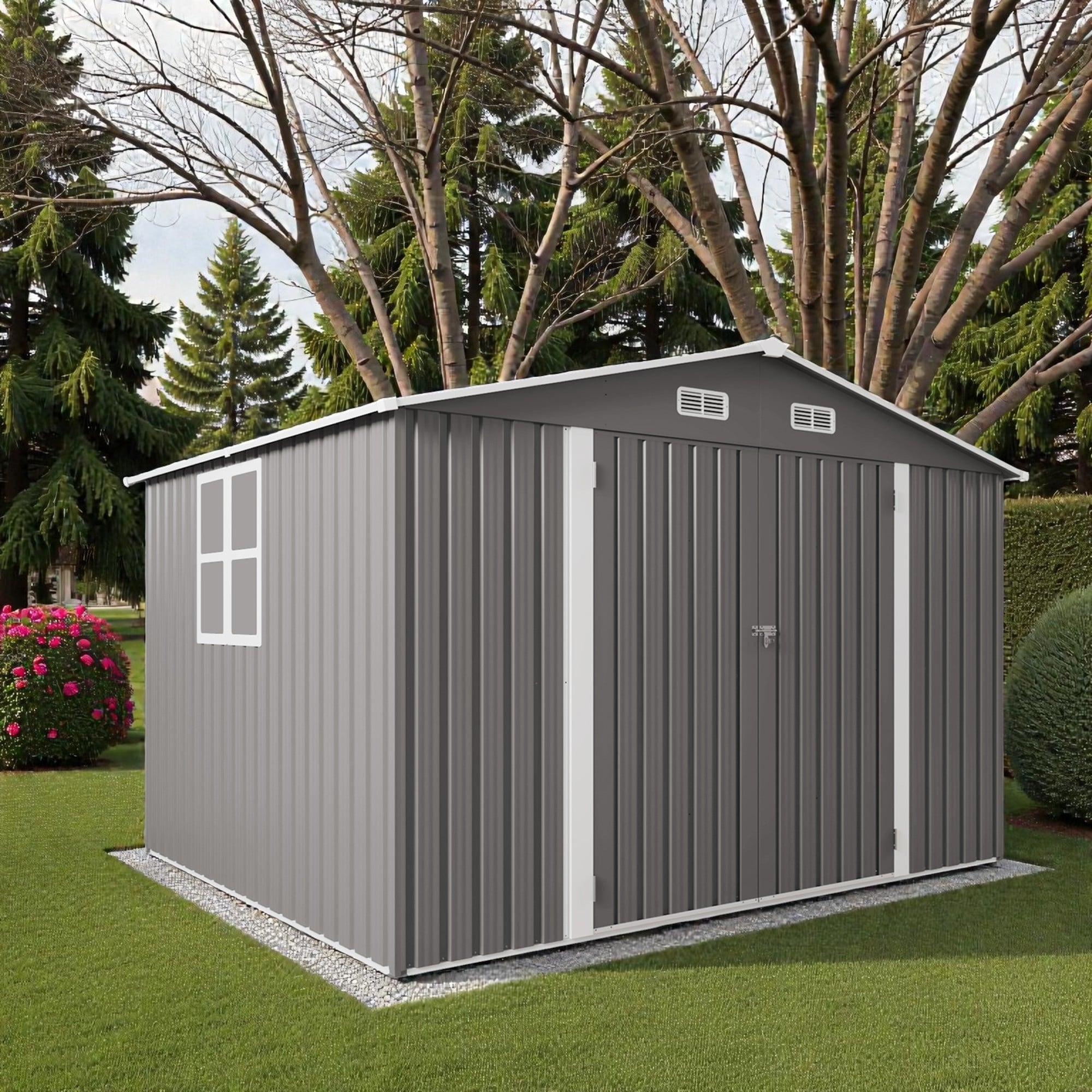 10x8 FT Outdoor Metal Storage Shed with Lockable Double Doors, Window and Vent, Large Garden Tool Shed for Backyard