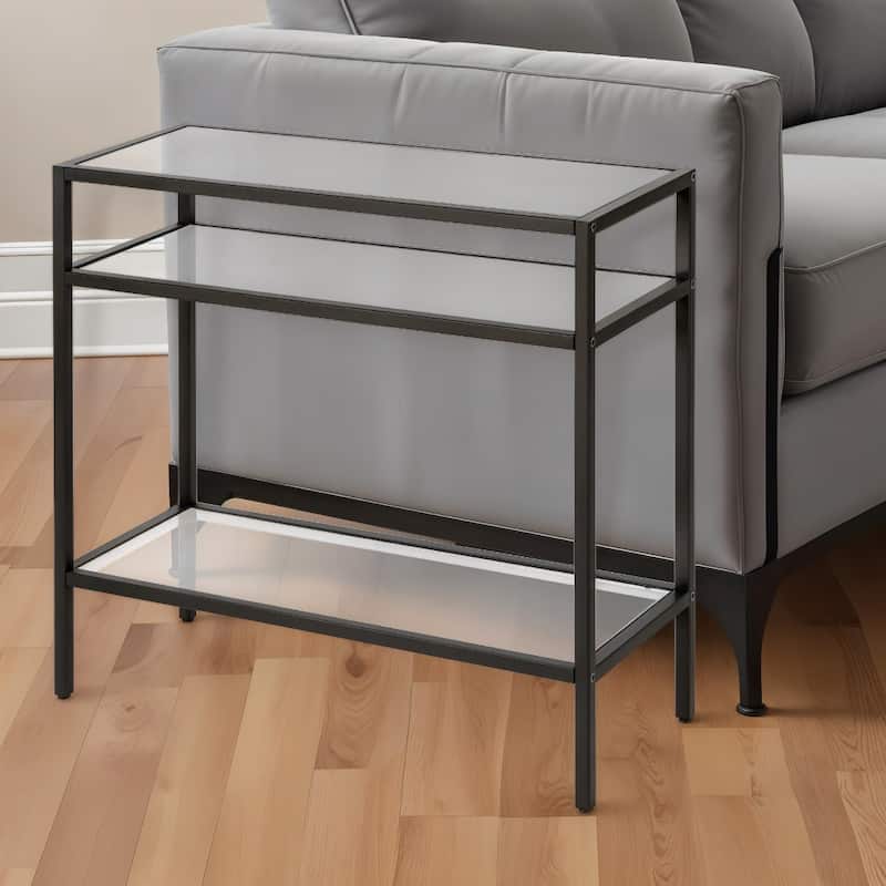 Steel Frame Glass Side End Table with 2 Shelves and Rectangular Top - 10” x 24” x 24” (D x W x H)