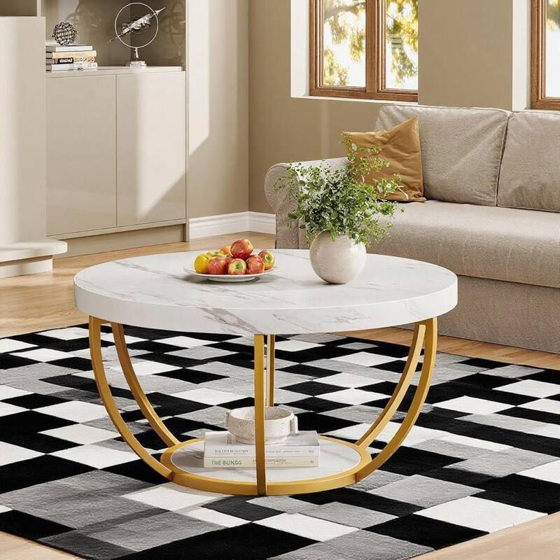 Engineered Wood Round Coffee Table with 2-Tier Metal Base - 31.69" L x 31.69" W x 17.32" H