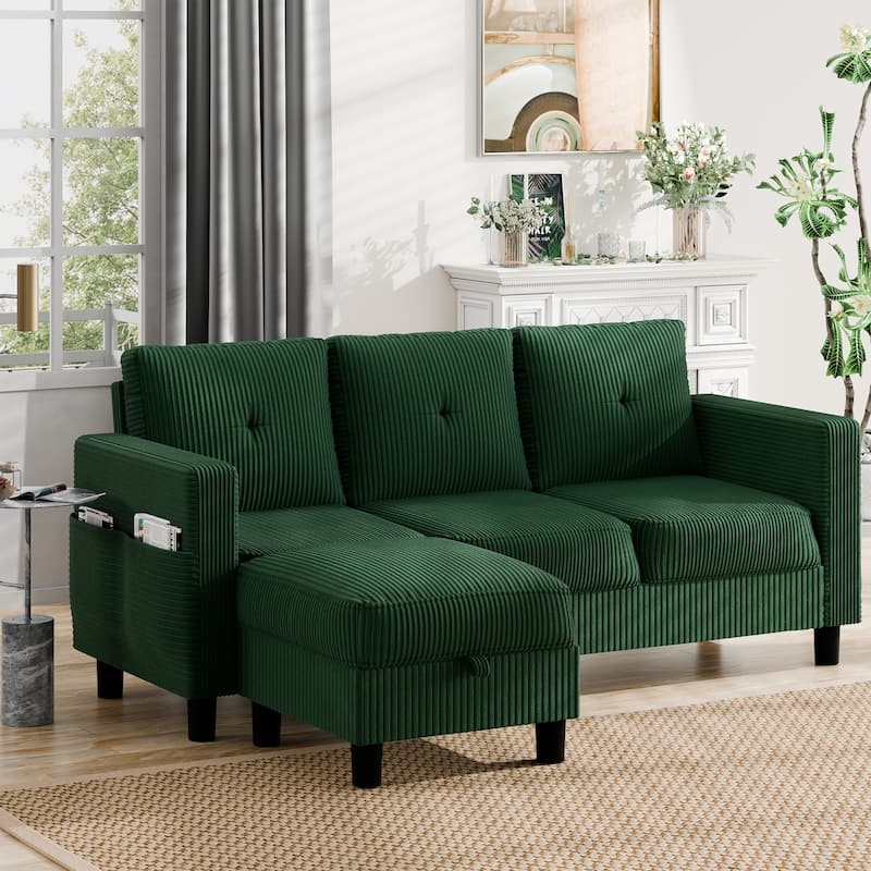 3-Seater Sectional Sofa with Movable Ottoman, Modern Living Room Couch - Green
