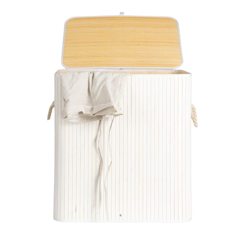 Household Essentials Bamboo Double Laundry Hamper with Rope Handles and Removable Laundry Bag