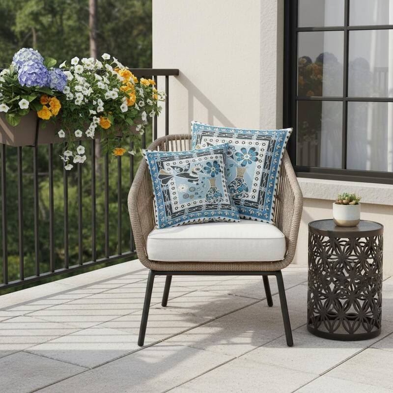 HomeRoots Set of Two 16" X 16" Blue and Black Peacock Blown Seam Floral Indoor Outdoor Throw Pillow - 16.00' X '16.00' X '5.00 - Black/Blue - 16.00' X '16.00' X '5.00