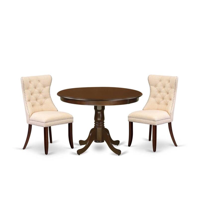 3-Piece Mahogany Finish Solid Wood Top-Round Upholstered Dining Room Set-Seats 4